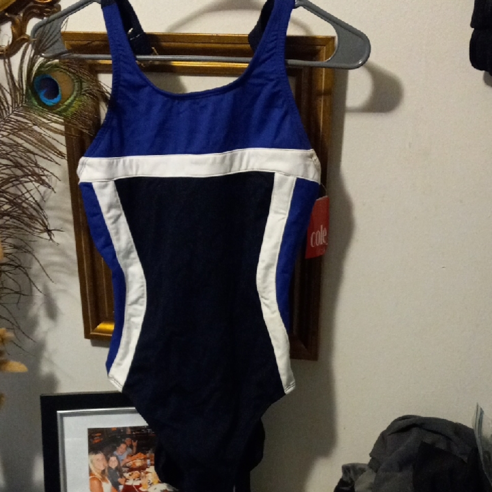 Girls' Blue and Navy One-Piece Swimsuit with White Trim